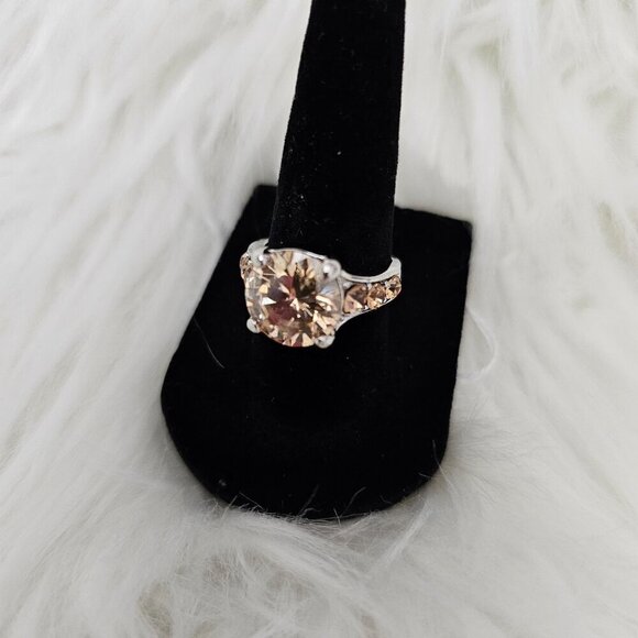 Silver Tone New Champagne Morganite Round Cut Rhodium Gemstone Ring Size 7 - Picture 1 of 6